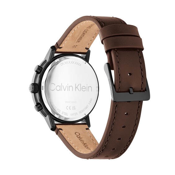 Men's Calvin Klein Gauge Black IP Brown Leather Strap Chronograph Watch with Grey Dial (Model: 25200498)
