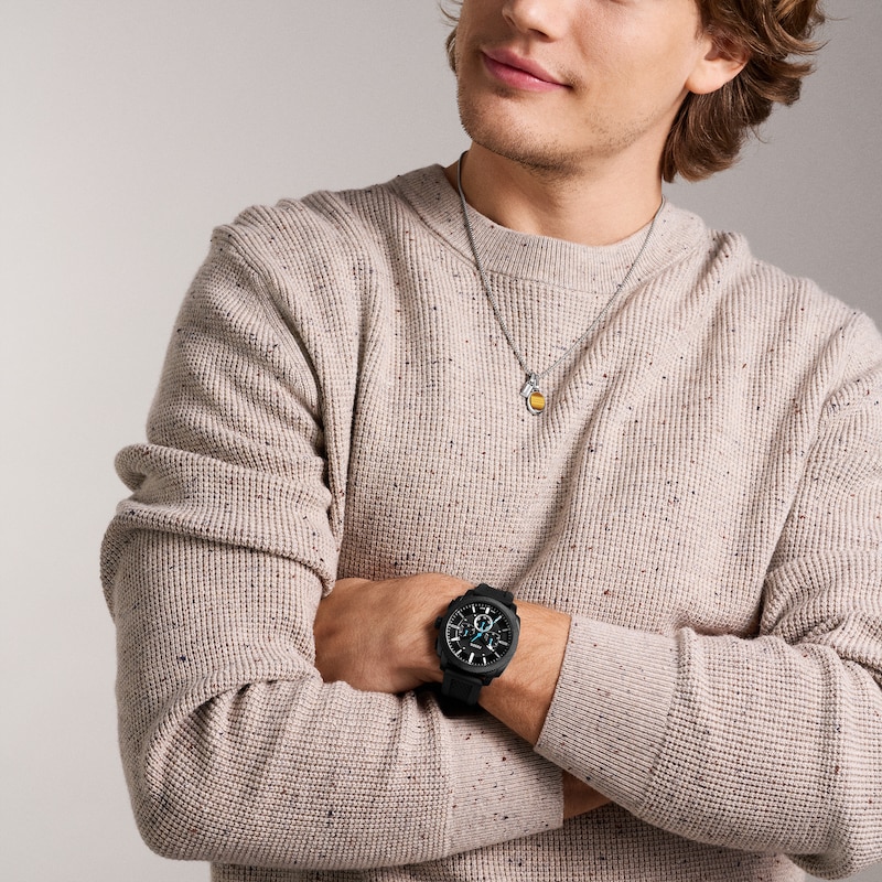 Main Image 4 of Men’s Fossil Machine Black IP Silicone Strap Chronograph Watch with Textured Black Dial (Model: FS6099)