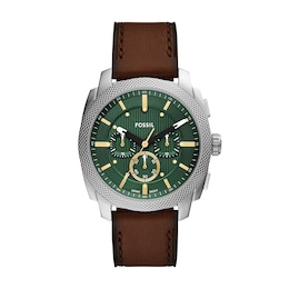 Men’s Fossil Machine Brown Leather Strap Chronograph Watch with Textured Green Dial (Model: FS6100)