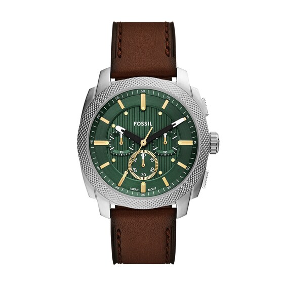 Menâs Fossil Machine Brown Leather Strap Chronograph Watch with Textured Green Dial (Model: Fs6100)