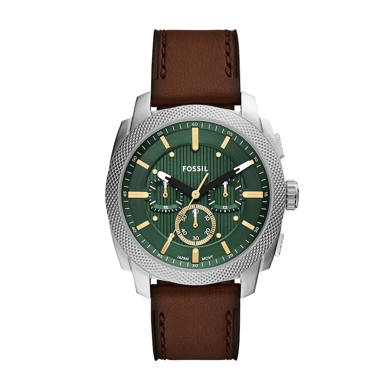 Main Image 1 of Men’s Fossil Machine Brown Leather Strap Chronograph Watch with Textured Green Dial (Model: FS6100)