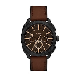 Men’s Fossil Machine Black IP Brown Leather Strap Chronograph Watch with Textured Brown Dial (Model: FS6101)