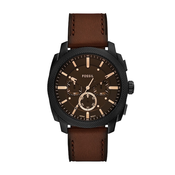 Menâs Fossil Machine Black IP Brown Leather Strap Chronograph Watch with Textured Brown Dial (Model: Fs6101)