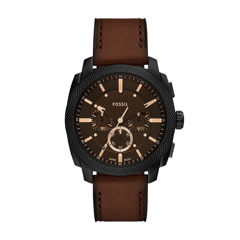 Main Image 1 of Men’s Fossil Machine Black IP Brown Leather Strap Chronograph Watch with Textured Brown Dial (Model: FS6101)