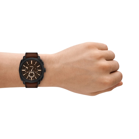 Menâs Fossil Machine Black IP Brown Leather Strap Chronograph Watch with Textured Brown Dial (Model: Fs6101)
