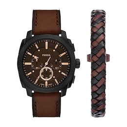 Men’s Fossil Machine Black IP Brown Leather Strap Chronograph Watch and Leather Bracelet Box Set (Model: FS6102SET)