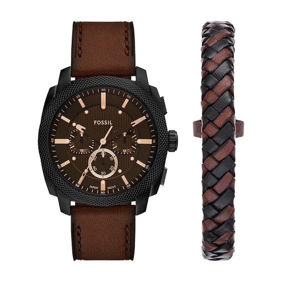 Menâs Fossil Machine Black IP Brown Leather Strap Chronograph Watch and Leather Bracelet Box Set (Model: Fs6102Set)