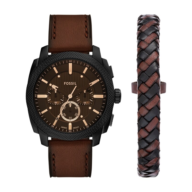 Main Image 1 of Men’s Fossil Machine Black IP Brown Leather Strap Chronograph Watch and Leather Bracelet Box Set (Model: FS6102SET)