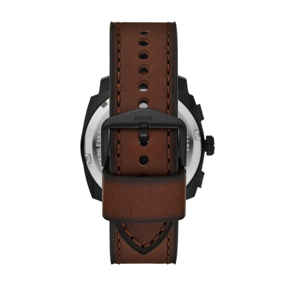 Menâs Fossil Machine Black IP Brown Leather Strap Chronograph Watch and Leather Bracelet Box Set (Model: Fs6102Set)