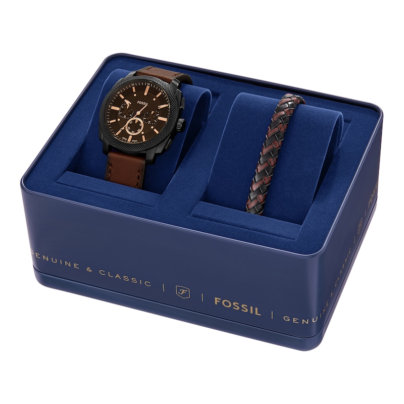 Main Image 5 of Men’s Fossil Machine Black IP Brown Leather Strap Chronograph Watch and Leather Bracelet Box Set (Model: FS6102SET)