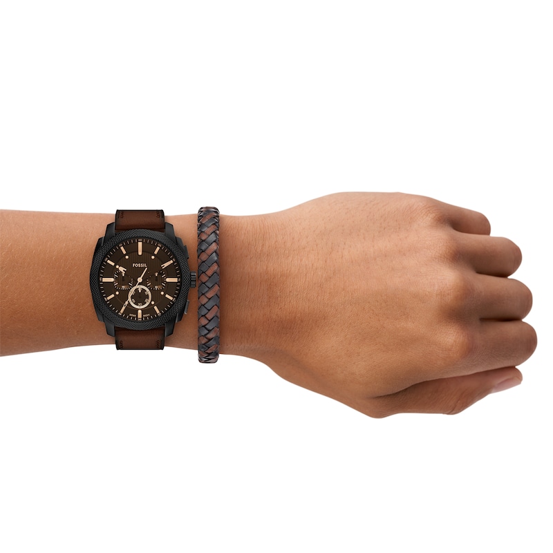 Main Image 7 of Men’s Fossil Machine Black IP Brown Leather Strap Chronograph Watch and Leather Bracelet Box Set (Model: FS6102SET)