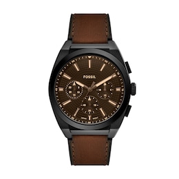 Men's Fossil Everett Black IP Brown Leather Strap Chronograph Watch with Textured Brown Dial (Model: FS6108)