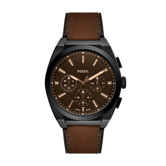 Men's Fossil Everett Black IP Brown Leather Strap Chronograph Watch with Textured Brown Dial (Model: Fs6108)