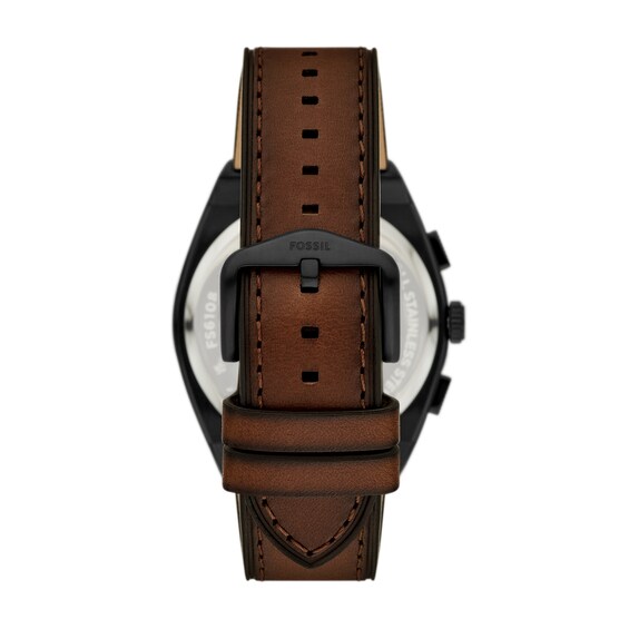 Men's Fossil Everett Black IP Brown Leather Strap Chronograph Watch with Textured Brown Dial (Model: Fs6108)
