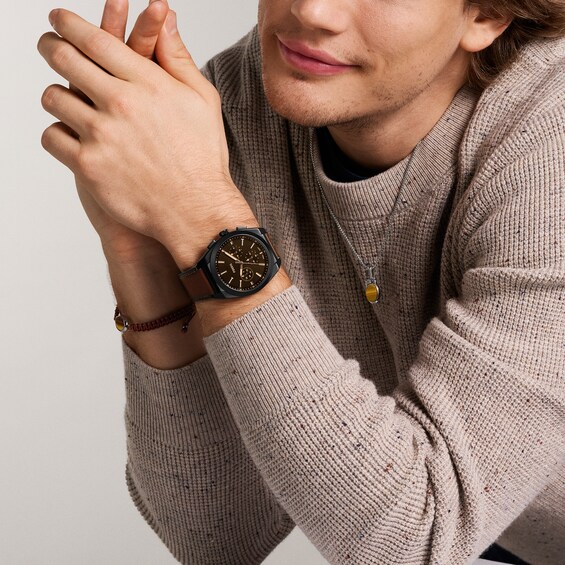 Men's Fossil Everett Black IP Brown Leather Strap Chronograph Watch with Textured Brown Dial (Model: Fs6108)