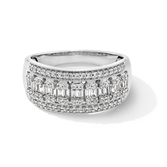 1/2 CT. T.w. Baguette and Round Diamond Multi-Row Vintage-Style Band in 14K White Gold