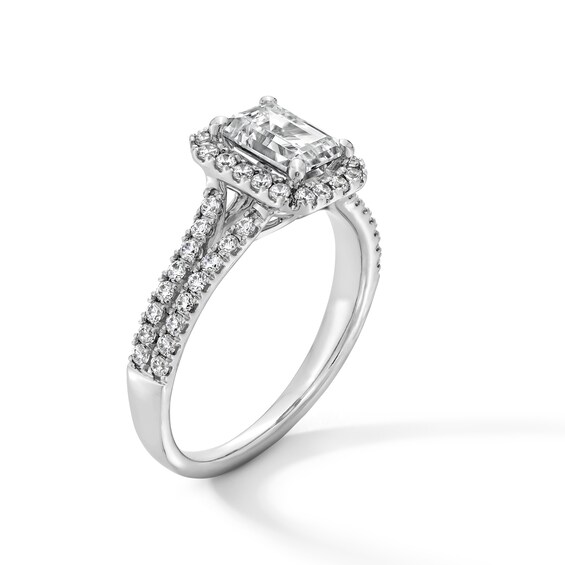 1-3/8 CT. T.w. Emerald-Cut Certified Lab-Grown Diamond Frame Split Shank Engagement Ring in 14K White Gold (F/Vs2)