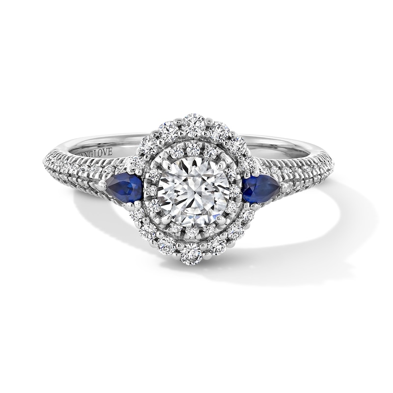 Main Image 1 of Vera Wang Love Collection 3/4 CT. T.W. Diamond and Blue Sapphire Double Frame Engagement Ring in 14K White Gold