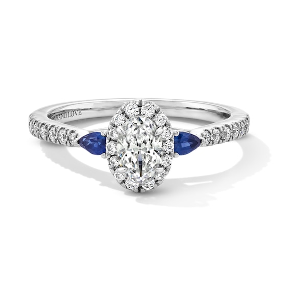 Vera Wang Love Collection 5/8 CT. T.w. Oval Diamond and Blue Sapphire Frame Collar Engagement Ring in 14K White Gold