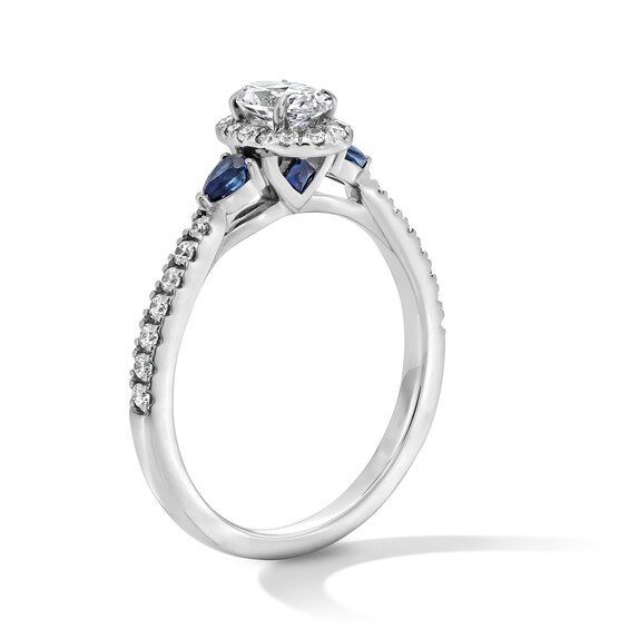 Vera Wang Love Collection 5/8 CT. T.w. Oval Diamond and Blue Sapphire Frame Collar Engagement Ring in 14K White Gold