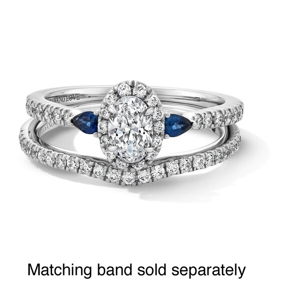 Vera Wang Love Collection 5/8 CT. T.w. Oval Diamond and Blue Sapphire Frame Collar Engagement Ring in 14K White Gold