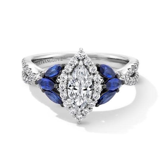 Vera Wang Love Collection 7/8 CT. T.w. Marquise Diamond and Blue Sapphire Tri-Sides Engagement Ring in 14K White Gold