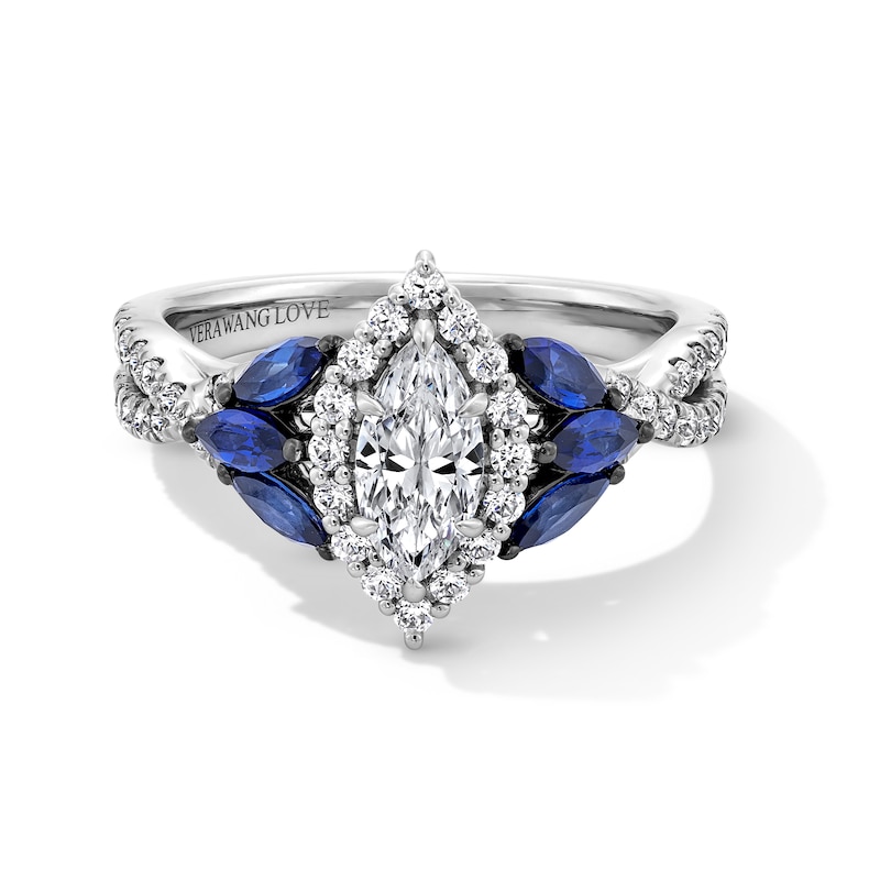Main Image 1 of Vera Wang Love Collection 7/8 CT. T.W. Marquise Diamond and Blue Sapphire Tri-Sides Engagement Ring in 14K White Gold