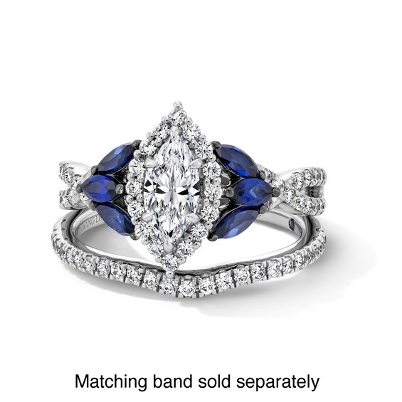 Vera Wang Love Collection 7/8 CT. T.w. Marquise Diamond and Blue Sapphire Tri-Sides Engagement Ring in 14K White Gold