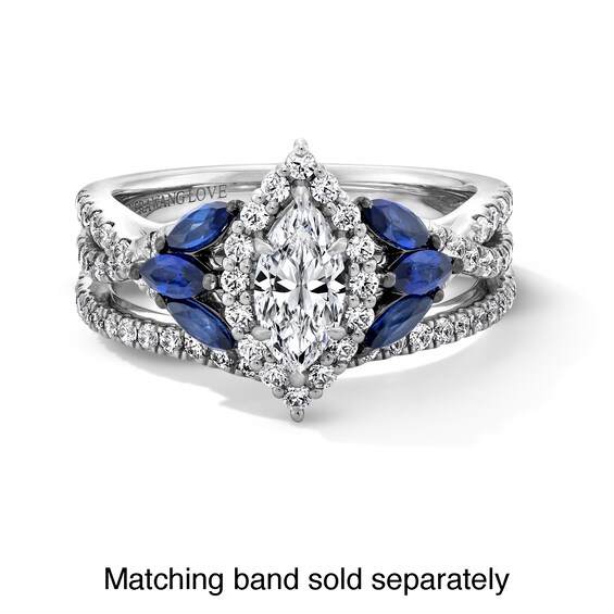 Vera Wang Love Collection 7/8 CT. T.w. Marquise Diamond and Blue Sapphire Tri-Sides Engagement Ring in 14K White Gold