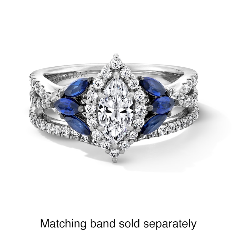 Main Image 4 of Vera Wang Love Collection 7/8 CT. T.W. Marquise Diamond and Blue Sapphire Tri-Sides Engagement Ring in 14K White Gold