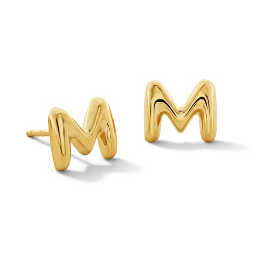 Bubble Letter "M" Initial Stud Earrings in 14K Gold