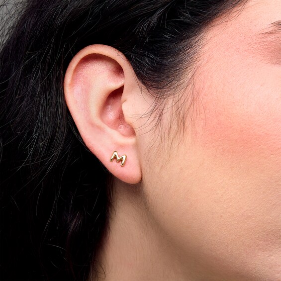 Bubble Letter "M" Initial Stud Earrings in 14K Gold