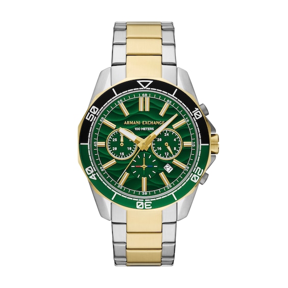Menâs Armani Exchange Two-Tone IP Chronograph Watch with Textured Green Dial (Model: Ax1966)