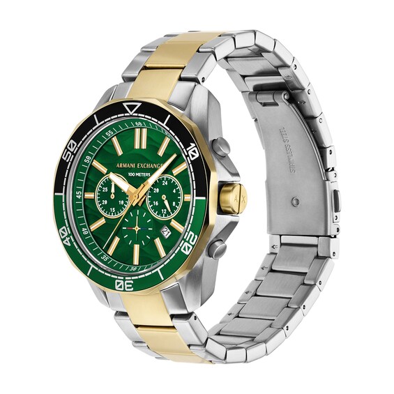 Menâs Armani Exchange Two-Tone IP Chronograph Watch with Textured Green Dial (Model: Ax1966)