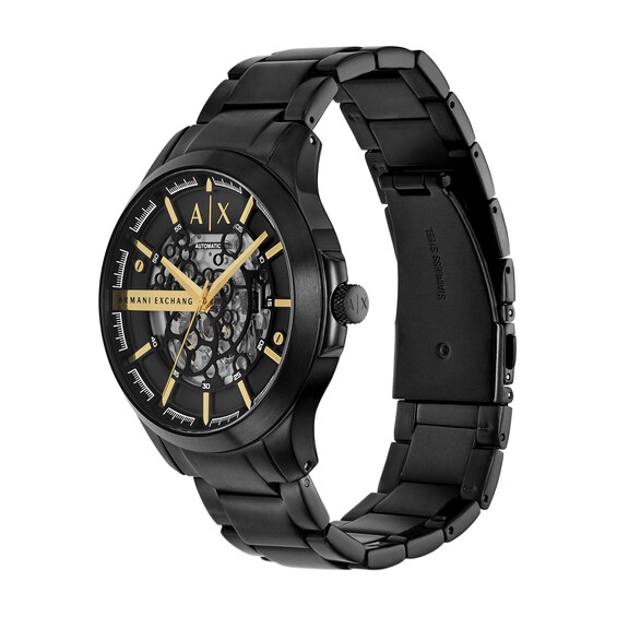 Menâs Armani Exchange Black IP Automatic Watch with Black Skeleton Dial (Model: Ax2463)