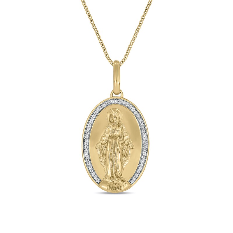 Main Image 1 of 1/5 CT. T.W. Diamond Virgin Mary Oval Medallion Pendant in 10K Gold - 22"