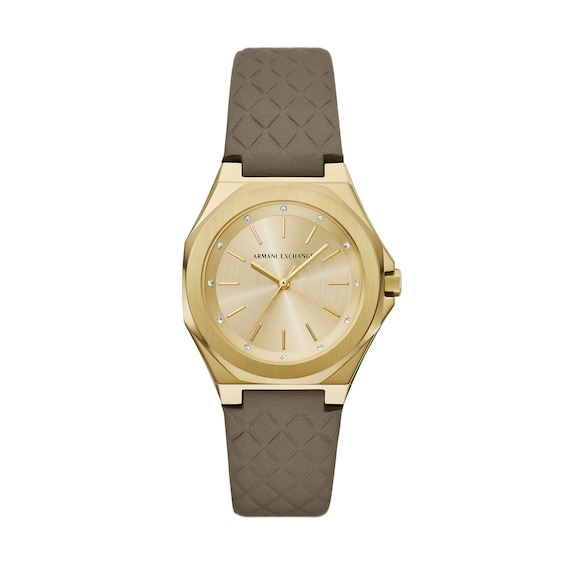 Ladiesâ Armani Exchange Crystal Accent Gold-Tone Leather Strap Watch with Gold-Tone Dial (Model: Ax4617)