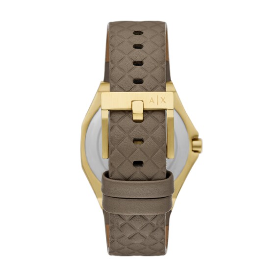 Ladiesâ Armani Exchange Crystal Accent Gold-Tone Leather Strap Watch with Gold-Tone Dial (Model: Ax4617)