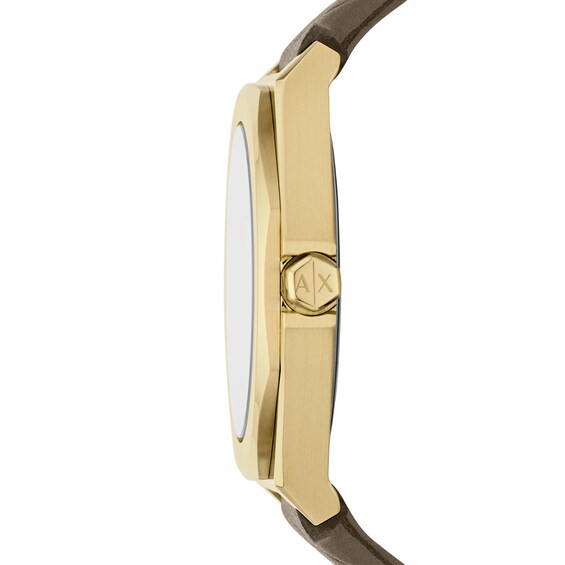 Ladiesâ Armani Exchange Crystal Accent Gold-Tone Leather Strap Watch with Gold-Tone Dial (Model: Ax4617)