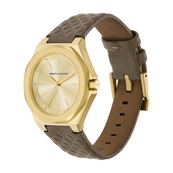Ladiesâ Armani Exchange Crystal Accent Gold-Tone Leather Strap Watch with Gold-Tone Dial (Model: Ax4617)
