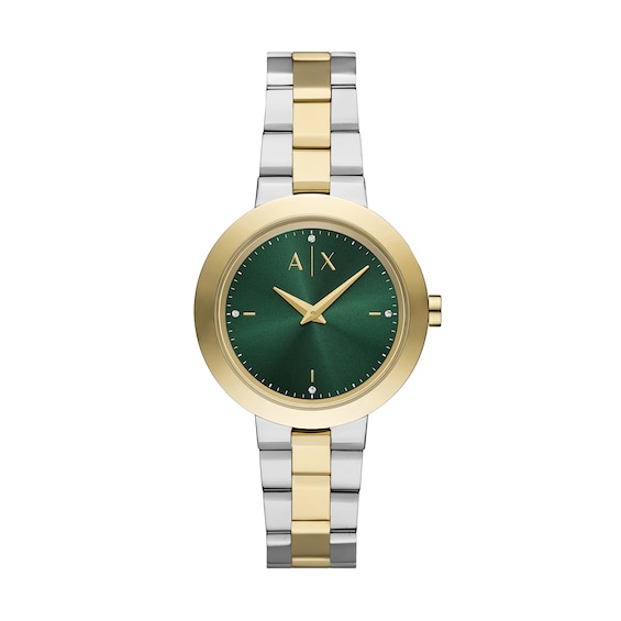 Ladiesâ Armani Exchange Crystal Accent Two-Tone IP Watch with Green Dial (Model: Ax5176)