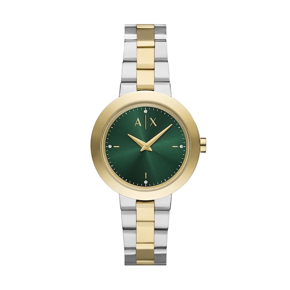 Ladiesâ Armani Exchange Crystal Accent Two-Tone IP Watch with Green Dial (Model: Ax5176)