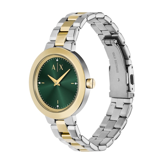 Ladiesâ Armani Exchange Crystal Accent Two-Tone IP Watch with Green Dial (Model: Ax5176)