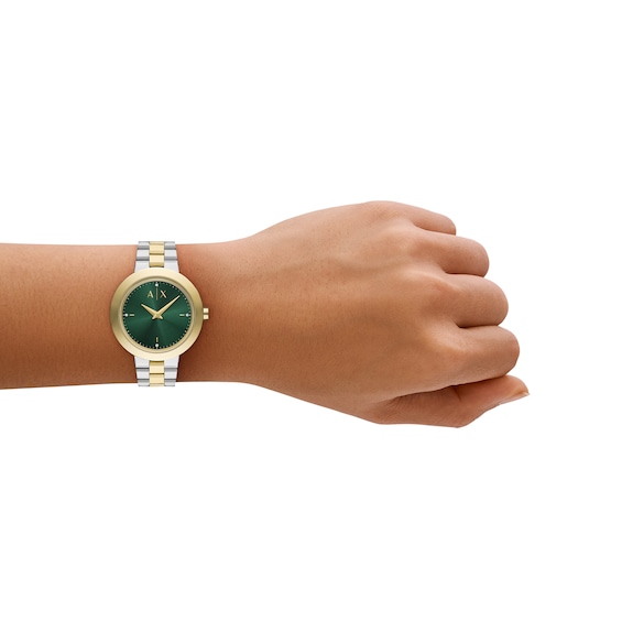 Ladiesâ Armani Exchange Crystal Accent Two-Tone IP Watch with Green Dial (Model: Ax5176)