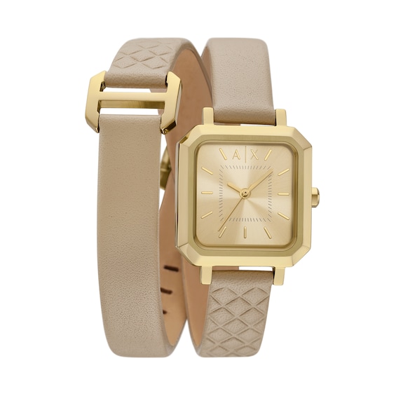 Ladiesâ Armani Exchange Watch with Gold-Tone Dial and Double-Wrap Leather Band (Model: Ax5728)