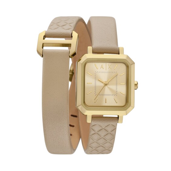 Ladiesâ Armani Exchange Watch with Gold-Tone Dial and Double-Wrap Leather Band (Model: Ax5728)
