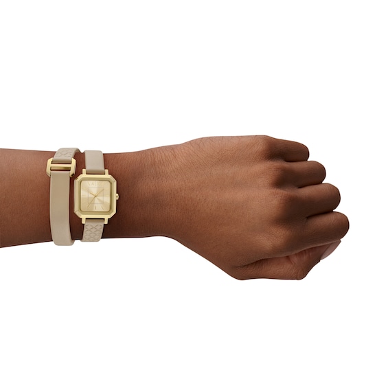 Ladiesâ Armani Exchange Watch with Gold-Tone Dial and Double-Wrap Leather Band (Model: Ax5728)