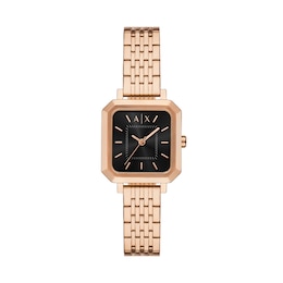 Ladies’ Armani Exchange  Rose-Tone IP Watch with Square Black Dial (Model: AX5729)