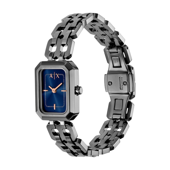 Ladiesâ Armani Exchange Faye Gunmetal Grey IP Watch with Rectangular Dark Blue Dial (Model: Ax5812)
