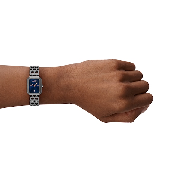 Ladiesâ Armani Exchange Faye Gunmetal Grey IP Watch with Rectangular Dark Blue Dial (Model: Ax5812)